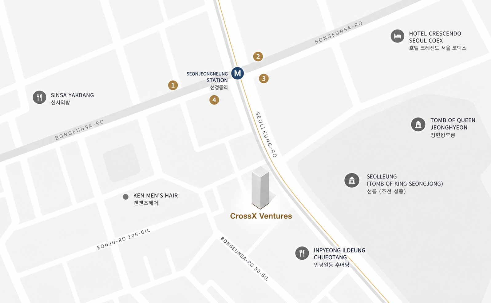 Map showing the CrossX Ventures office near Seonjeongneung Station in Seoul